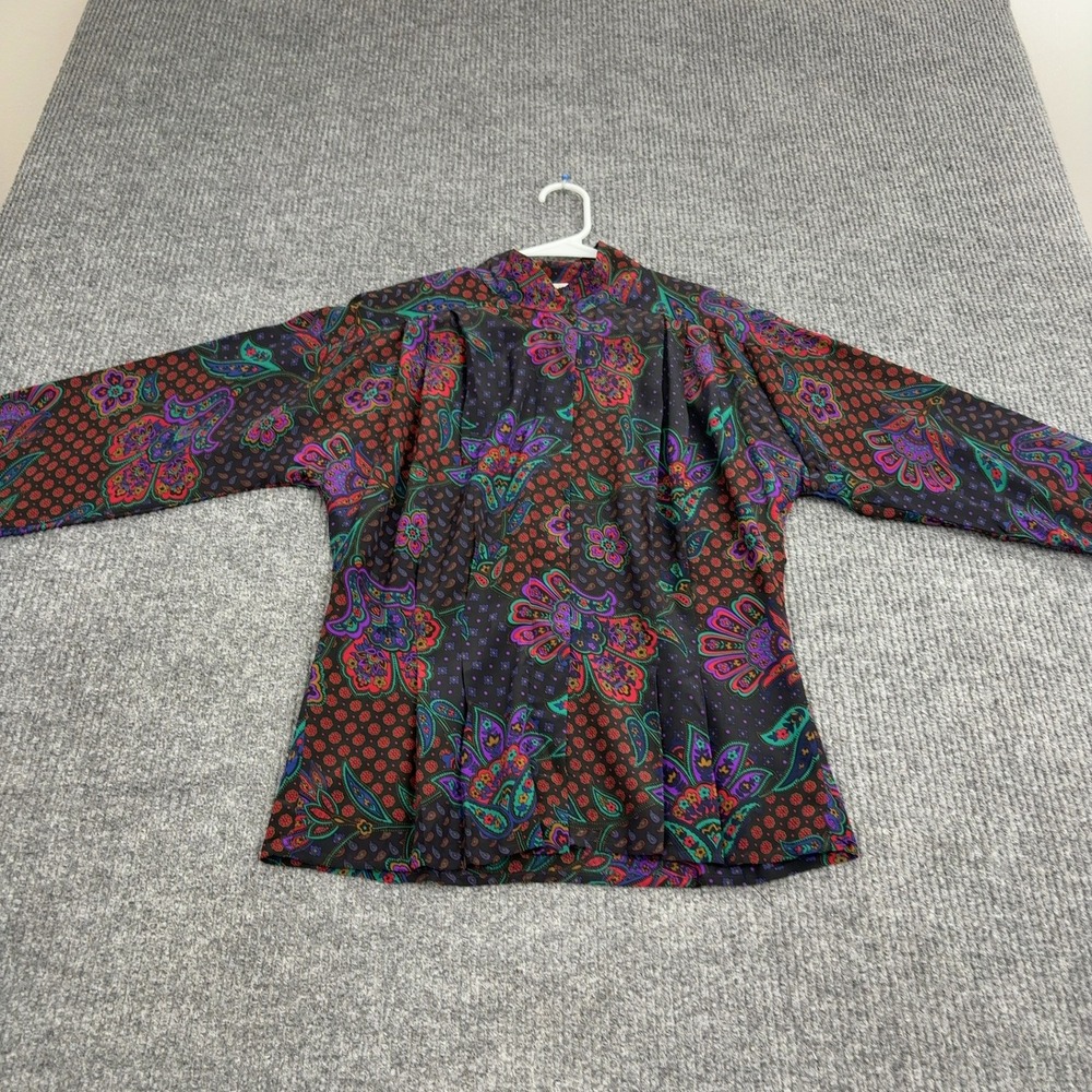 Vintage Jerri Sherman Blouse Women Multicolor Silk Paisley Floral Mock Neck Boho